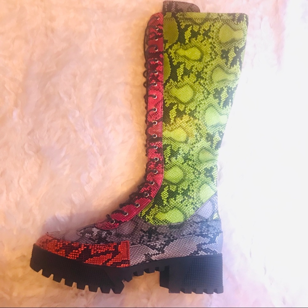 New, Neon Snakeskin Knee High Combat Boot SZ 9
